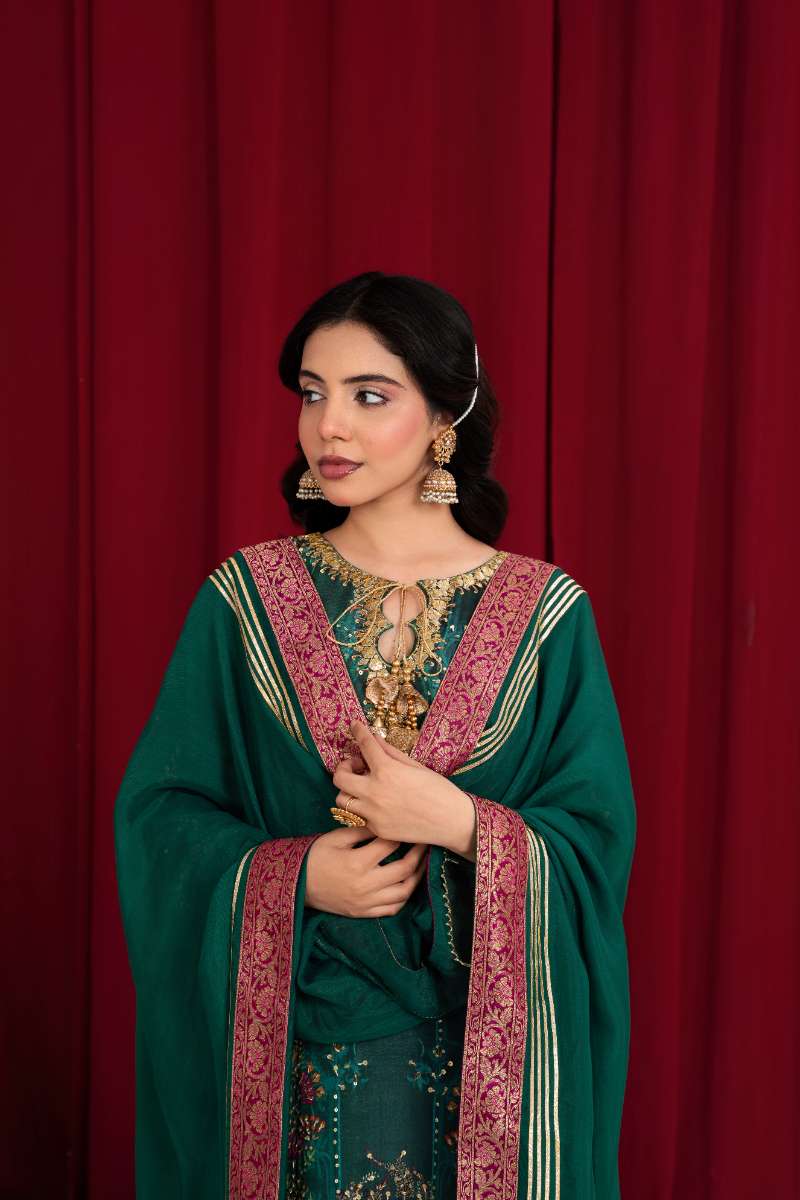 Zaaviay - Emerald Oasis Silk Kaftaan For Women - Plum - 3 Piece