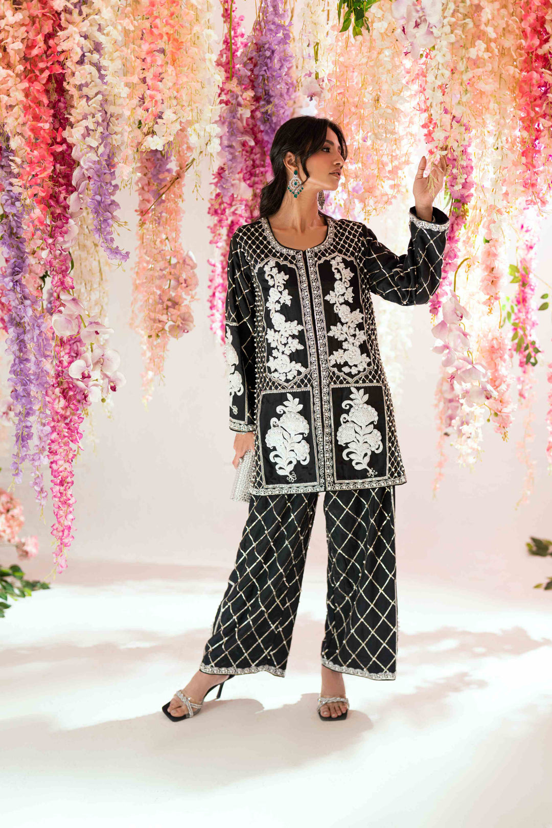 Shehrnaz - Kaya Onyx Long Coat Set - SHK-1573 - Black - Silk - 2 Piece