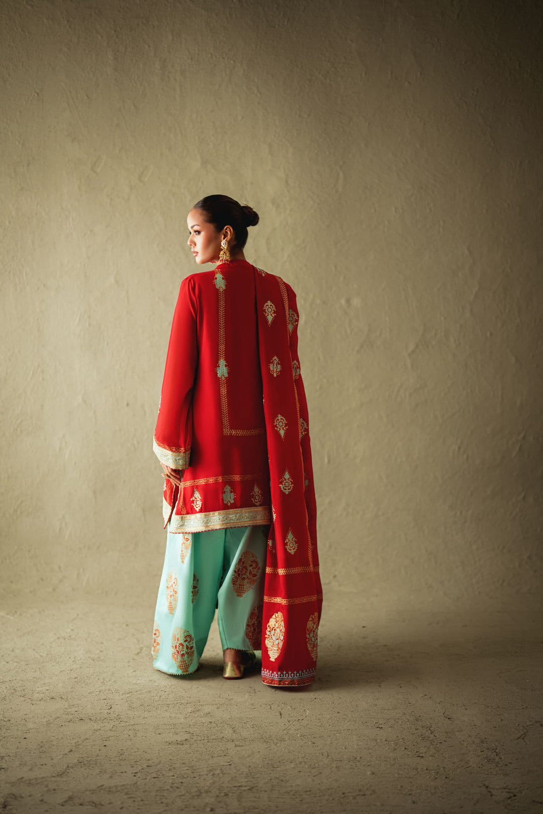 Shehrnaz - Ravya Red Chiffon Block-Print Set - SHK-1600 - Red - chiffon - 3 Piece