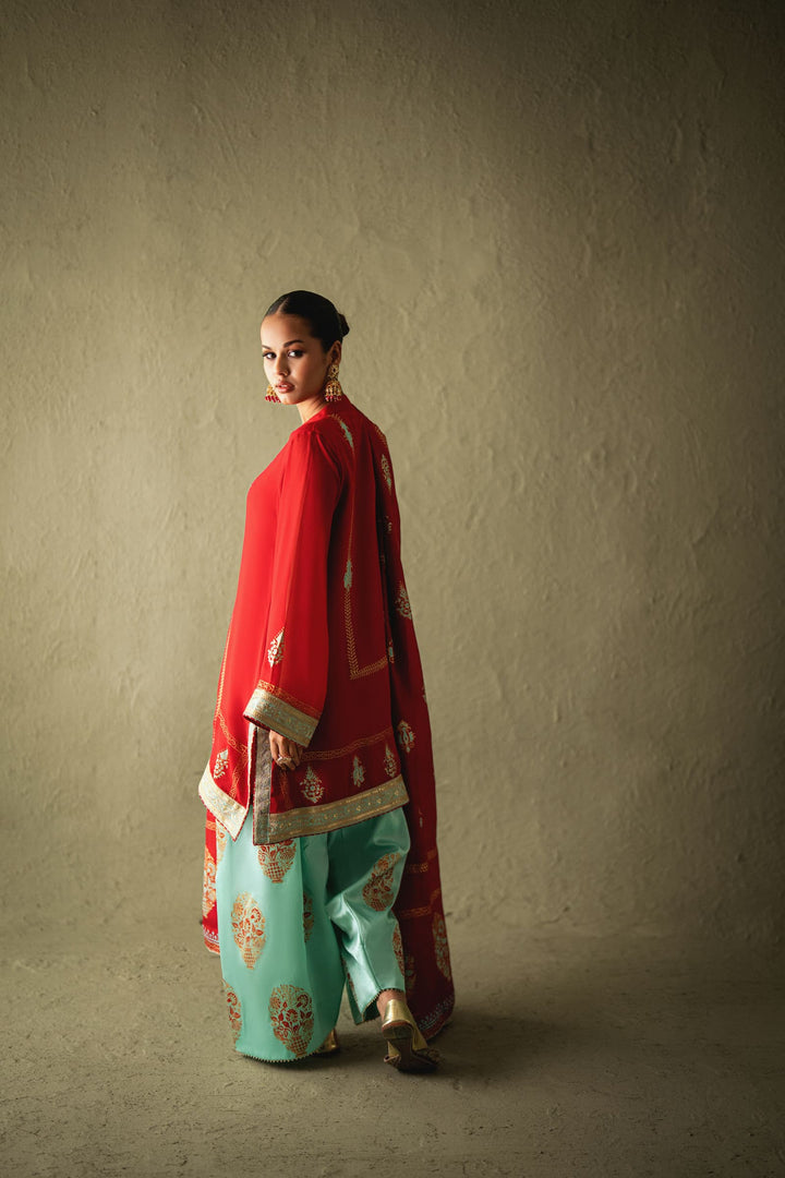 Shehrnaz - Ravya Red Chiffon Block-Print Set - SHK-1600 - Red - chiffon - 3 Piece