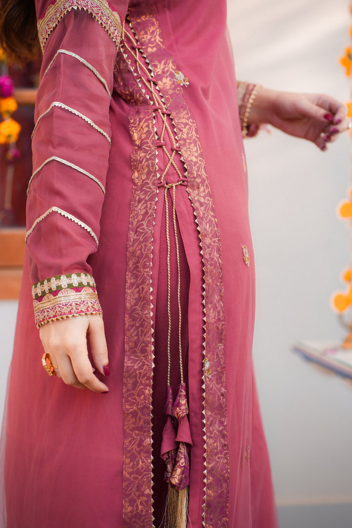 Omal by Komal - SOHA Suit - Carrot pink - Net & Raw Silk - 3 Piece