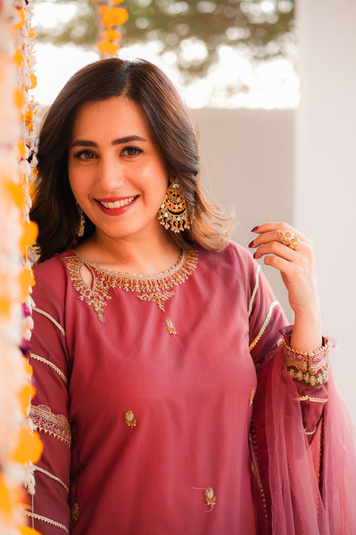 Omal by Komal - SOHA Suit - Carrot pink - Net & Raw Silk - 3 Piece