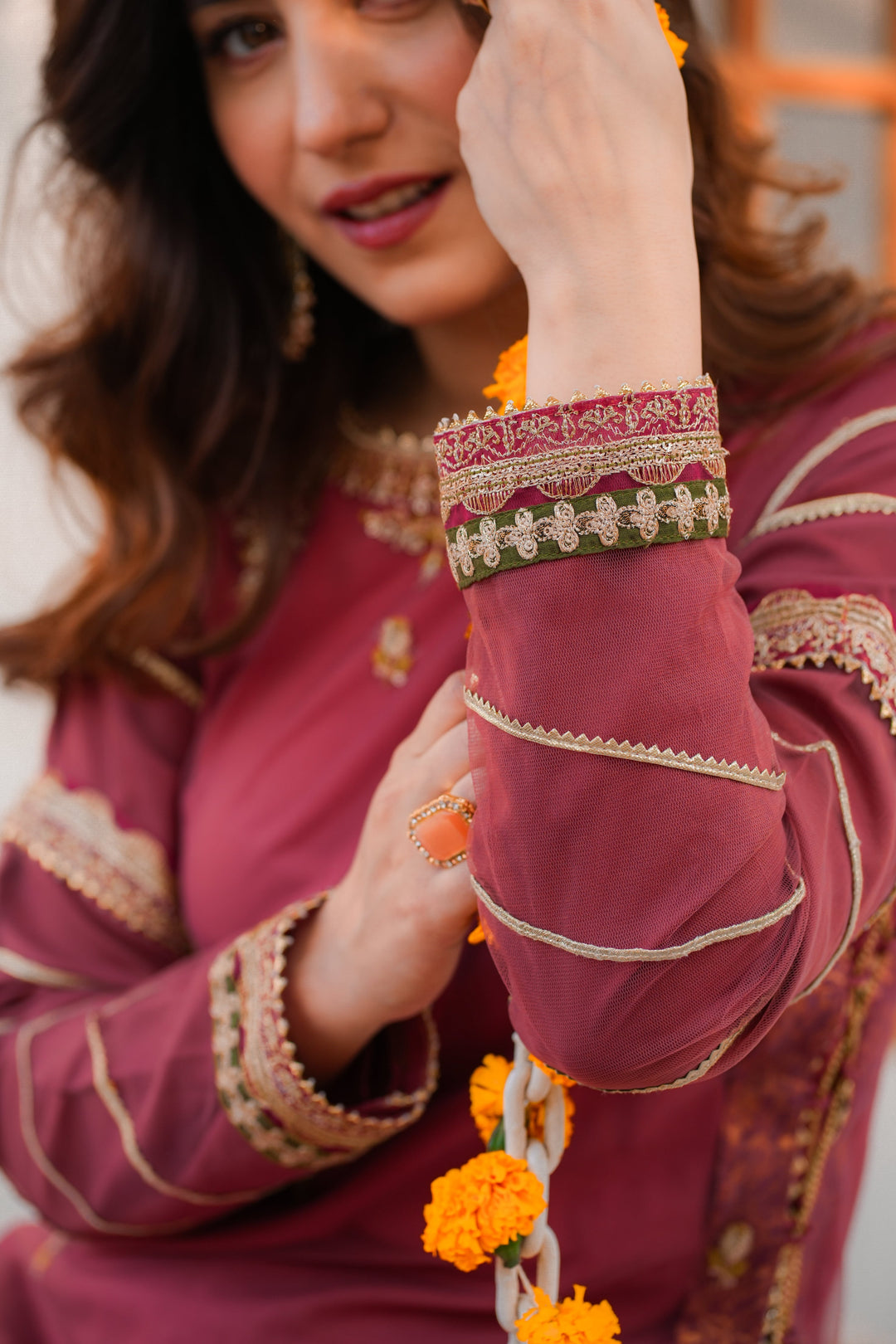 Omal by Komal - SOHA Suit - Carrot pink - Net & Raw Silk - 3 Piece