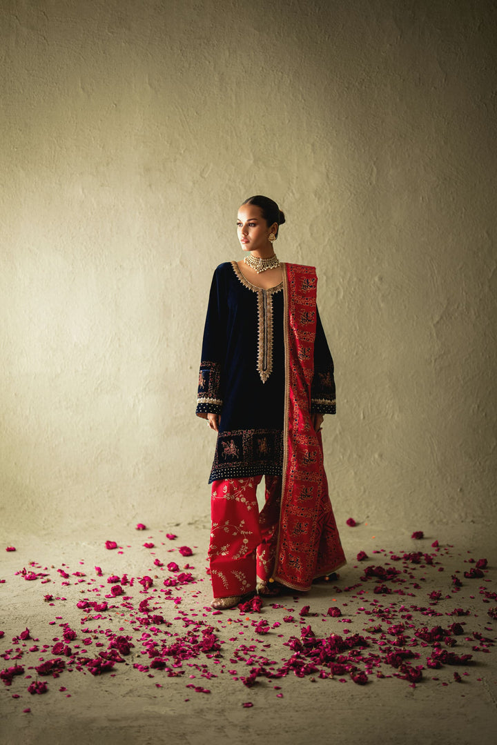 Shehrnaz - Nerina Navy Velvet Farshi Set - SHK-1597 - Navy blue - velvet - 3 Piece