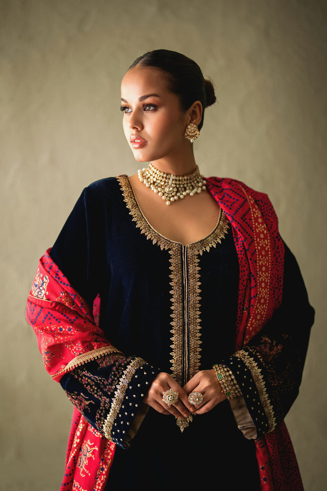 Shehrnaz - Nerina Navy Velvet Farshi Set - SHK-1597 - Navy blue - velvet - 3 Piece