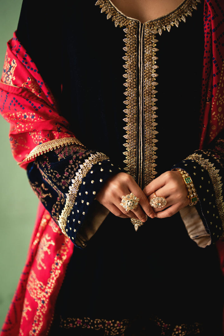 Shehrnaz - Nerina Navy Velvet Farshi Set - SHK-1597 - Navy blue - velvet - 3 Piece