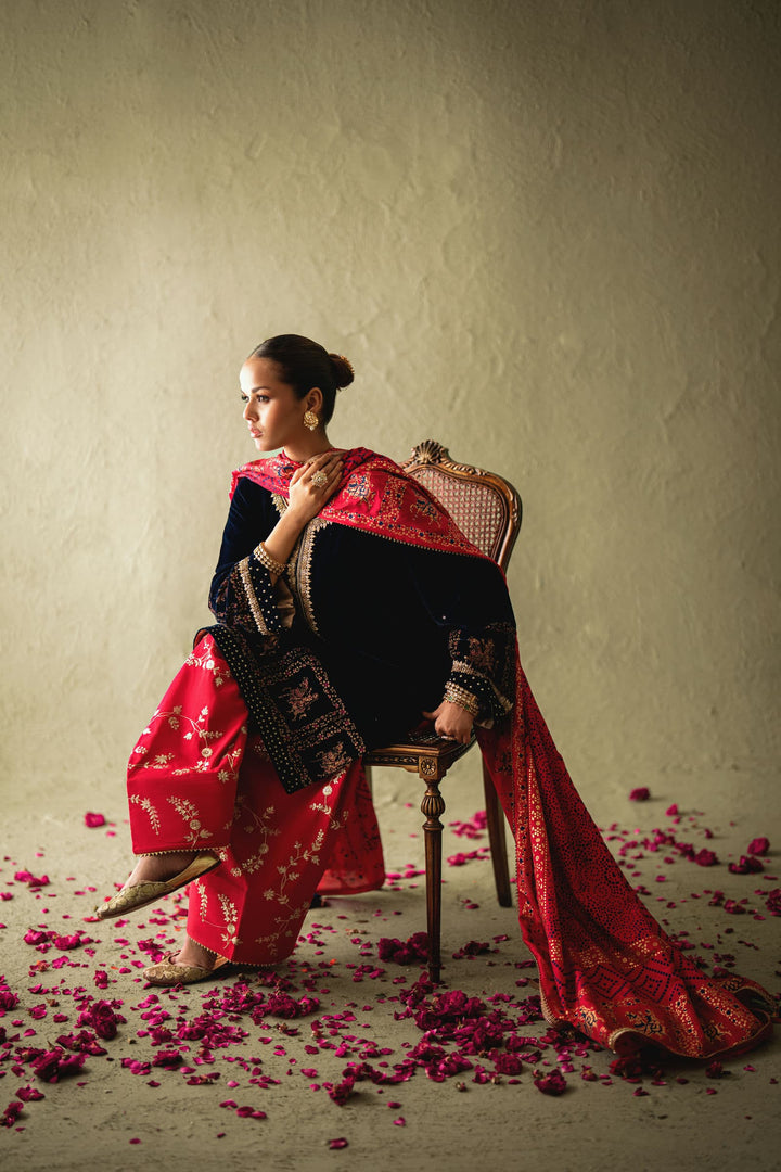 Shehrnaz - Nerina Navy Velvet Farshi Set - SHK-1597 - Navy blue - velvet - 3 Piece