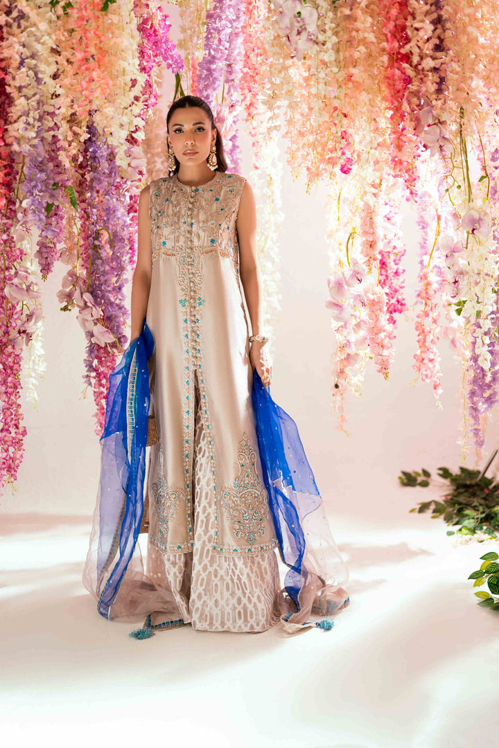 Shehrnaz - Rhea Gold Long Coat Set - SHK-1565 - Gold - Mysore silk - 3 Piece