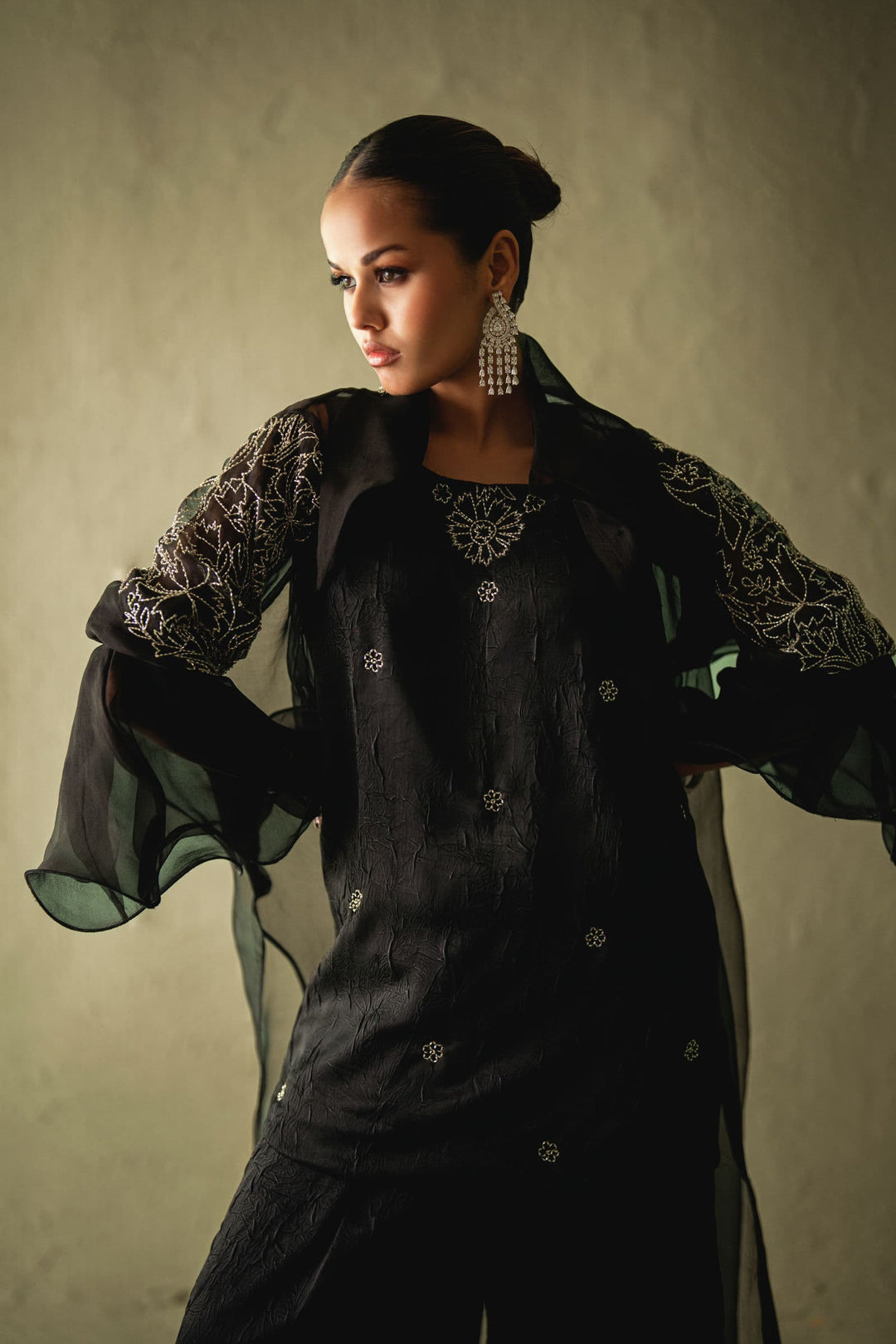 Shehrnaz - Tahlia Black Organza Pleated Coat - SHK-1592 - Black - Organza - 3 Piece