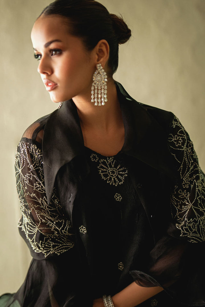 Shehrnaz - Tahlia Black Organza Pleated Coat - SHK-1592 - Black - Organza - 3 Piece