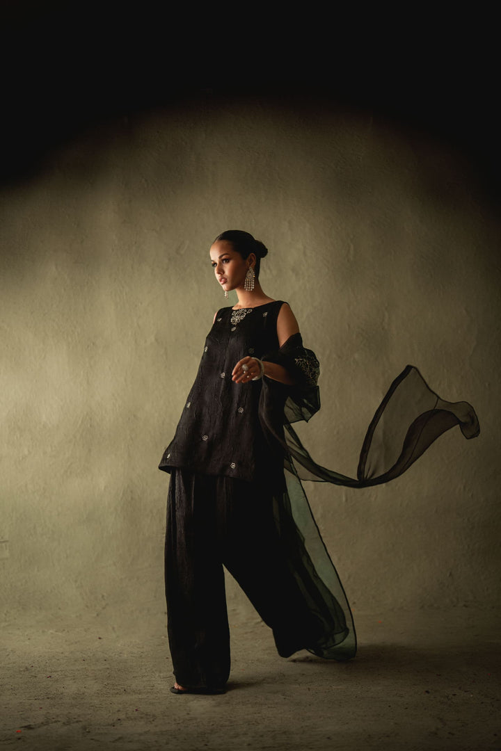 Shehrnaz - Tahlia Black Organza Pleated Coat - SHK-1592 - Black - Organza - 3 Piece