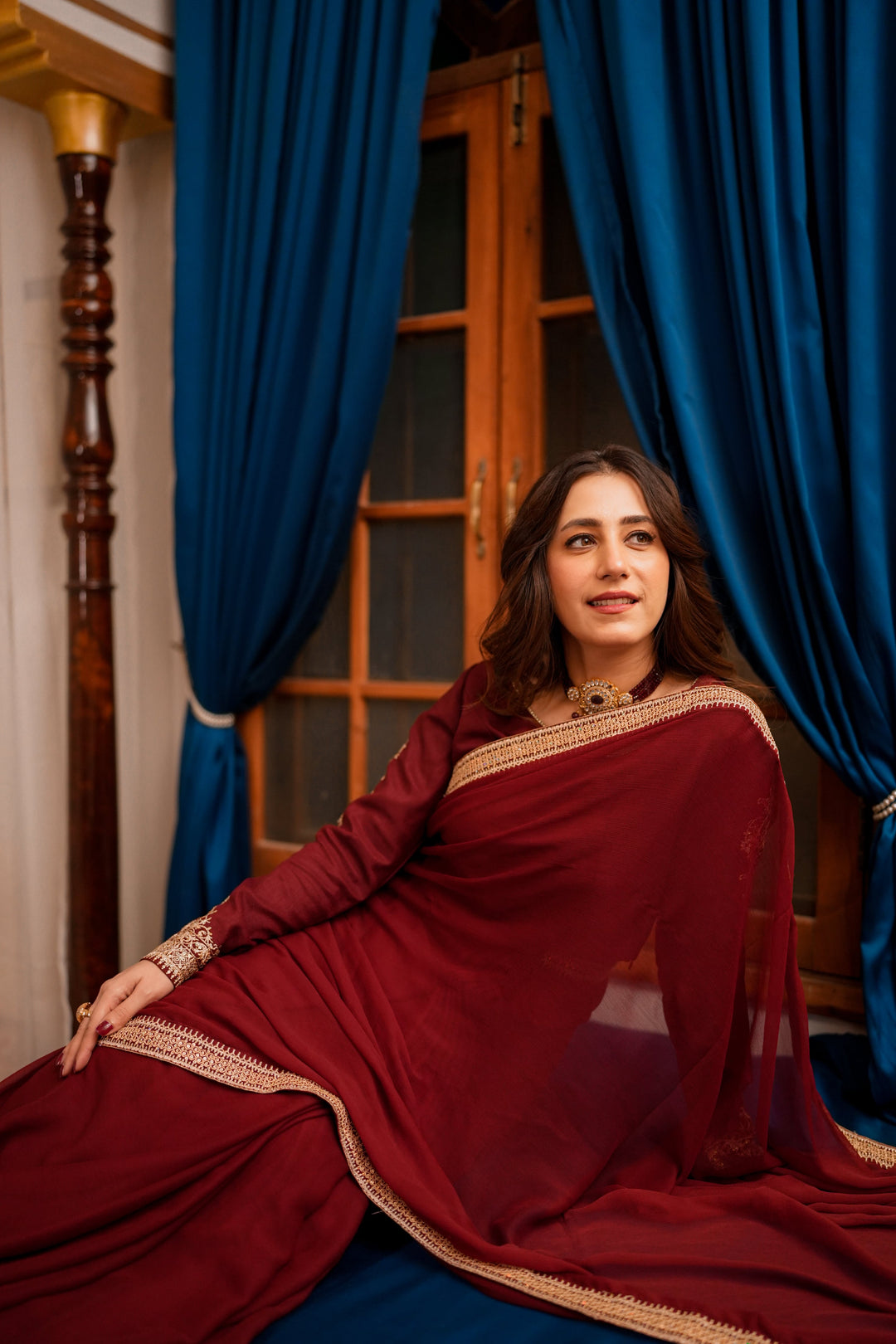 Omal by Komal - RAQEEB - Chiffon & Raw Silk - Maroon