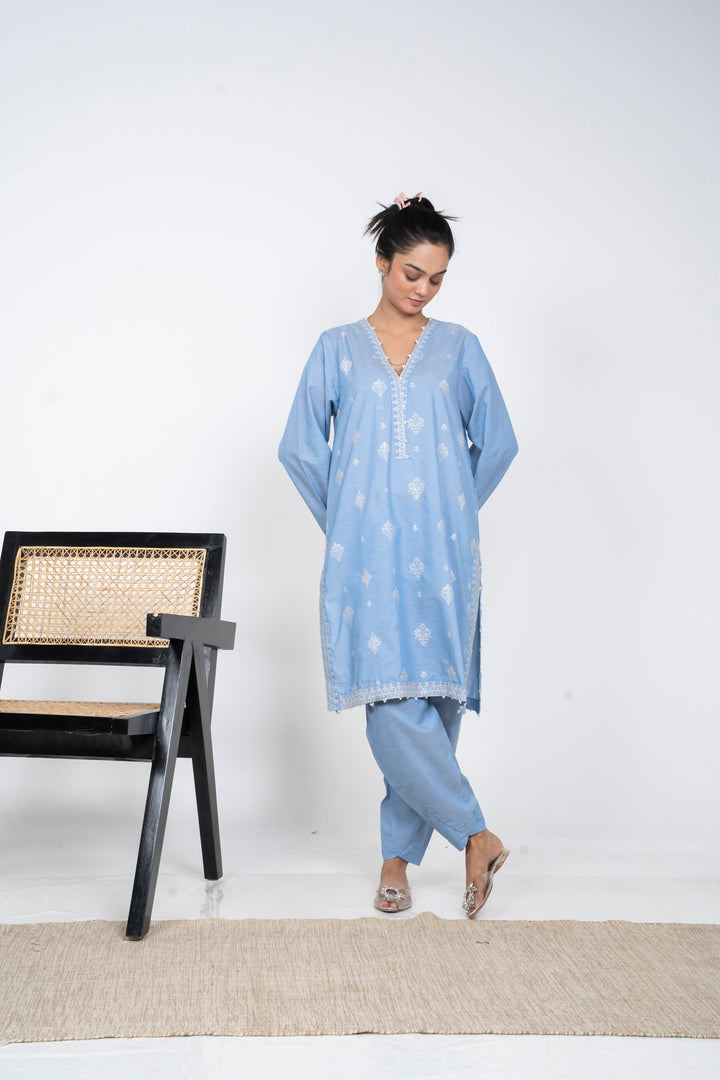Ayla Studio - Solid Embroidered | 2-Piece Rtw | Sky Blue