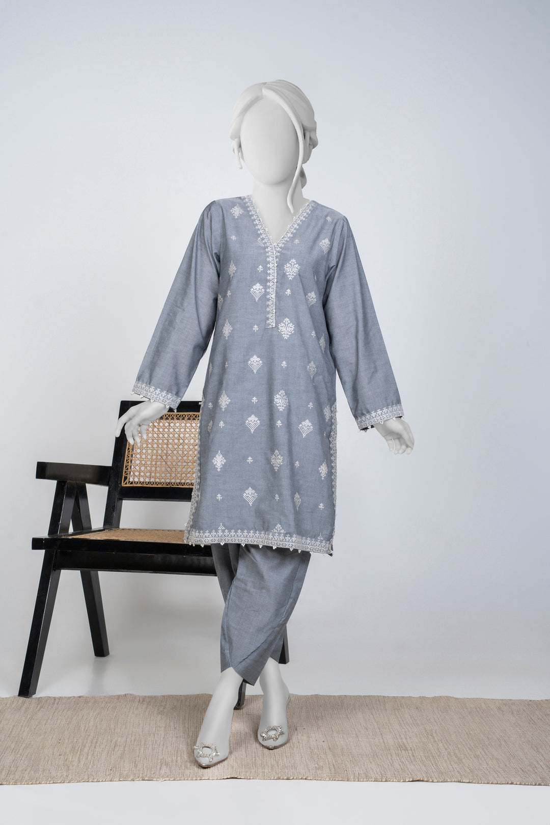 Ayla Studio - Chambray Embroidered Suit For Women - Grey - 2 Piece