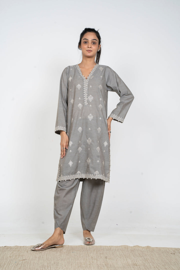 Ayla Studio - Solid Embroidered | 2-Piece Rtw | Silver Grey