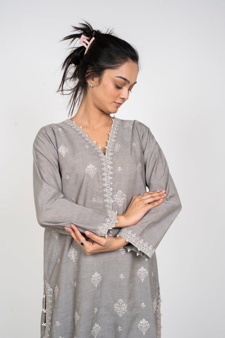 Ayla Studio - Solid Embroidered | 2-Piece Rtw | Silver Grey