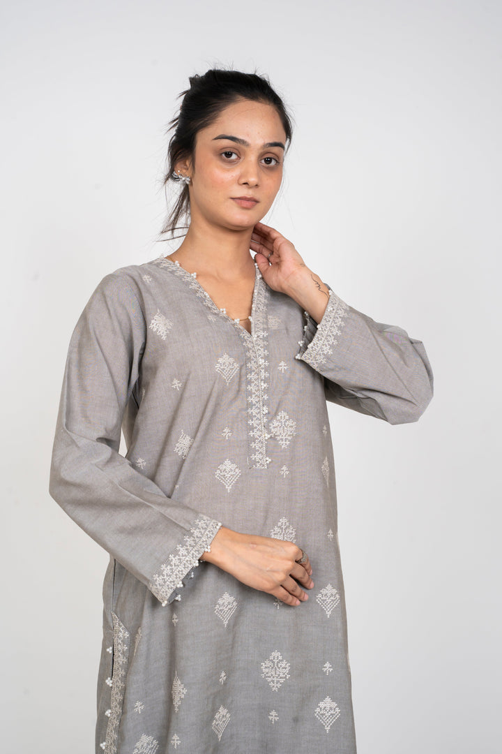 Ayla Studio - Solid Embroidered | 2-Piece Rtw | Silver Grey