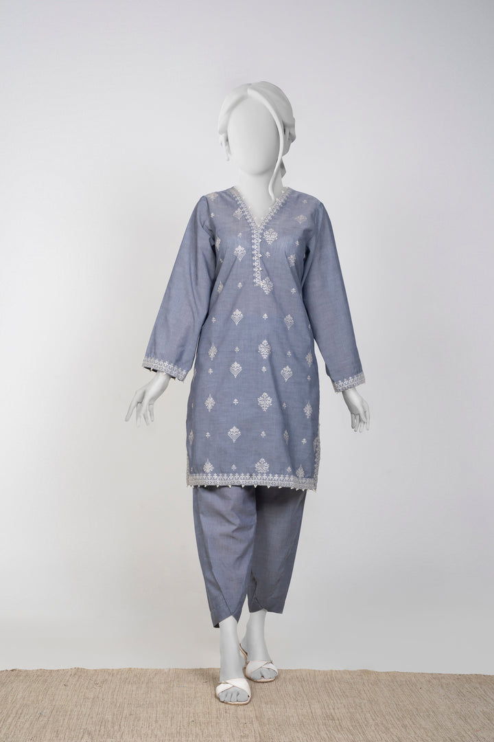 Ayla Studio - Chambray Embroidered Suit For Women - Grey - 2 Piece