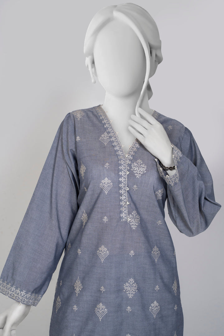 Ayla Studio - Chambray Embroidered Suit For Women - Grey - 2 Piece