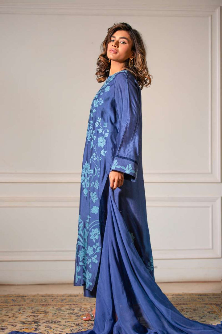 Yasmin Zaman - Butter Sheesha mat finish Suit For Women - Purssian blue  - 3 Piece