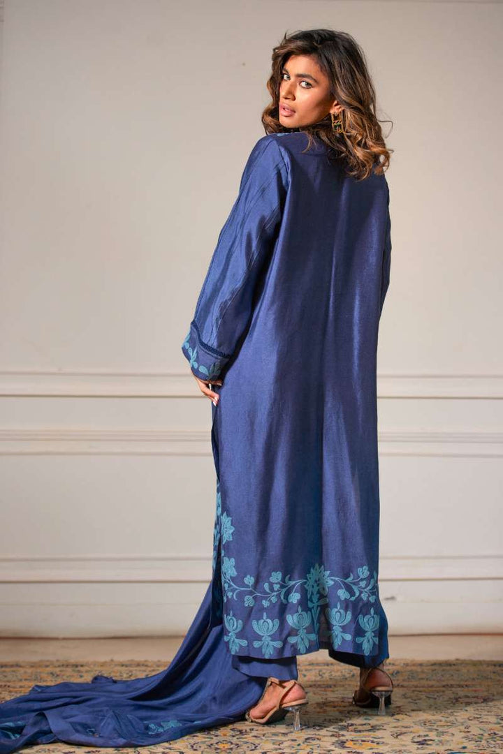 Yasmin Zaman - Butter Sheesha mat finish Suit For Women - Purssian blue  - 3 Piece