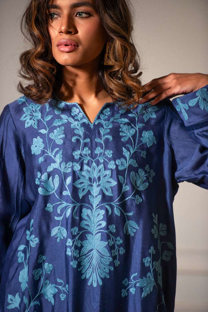 Yasmin Zaman - Butter Sheesha mat finish Suit For Women - Purssian blue  - 3 Piece