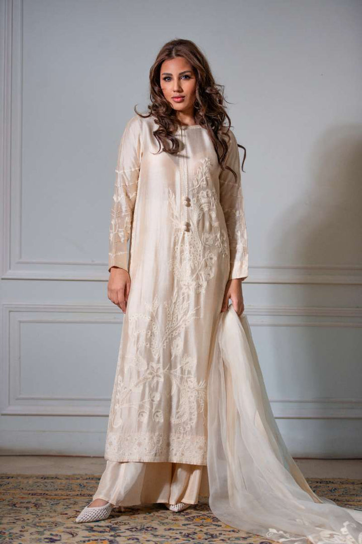 Yasmin Zaman - Butter Sheesha mat finish Suit For Women - Ivory  - 3 Piece