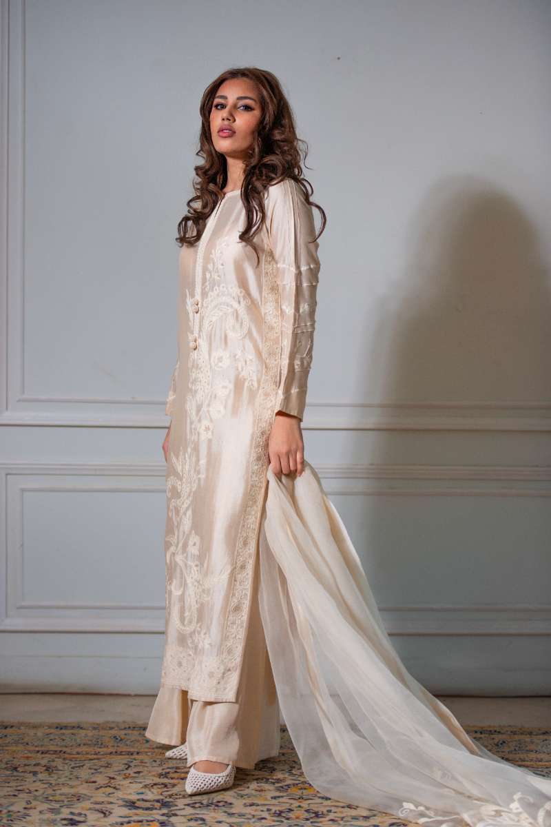 Yasmin Zaman - Butter Sheesha mat finish Suit For Women - Ivory  - 3 Piece