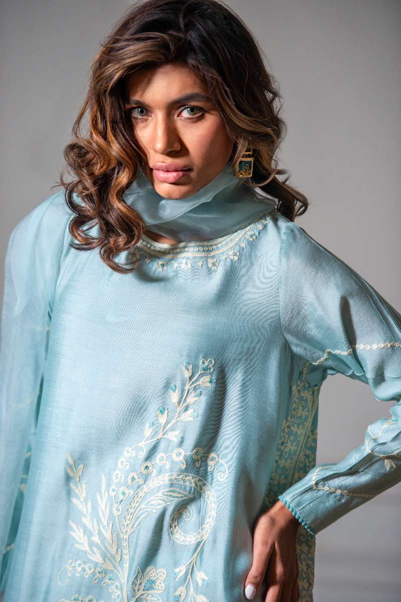 Yasmin Zaman - Butter Sheesha mat finish Suit For Women - Ice Blue - 3 Piece