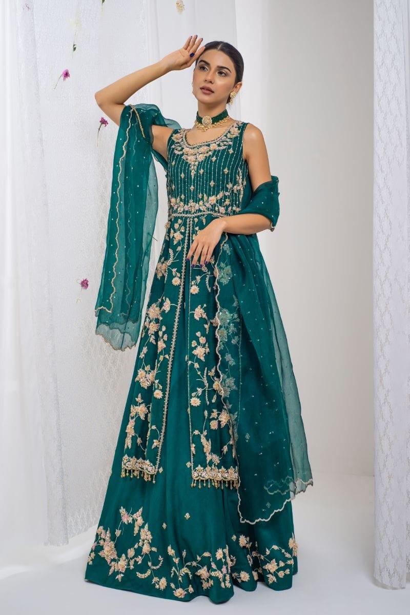 emerald green pakistani wedding dress Emerald Green Bridal Lehenga with Peach Net Dupatta - Pakistani Wedding Dress