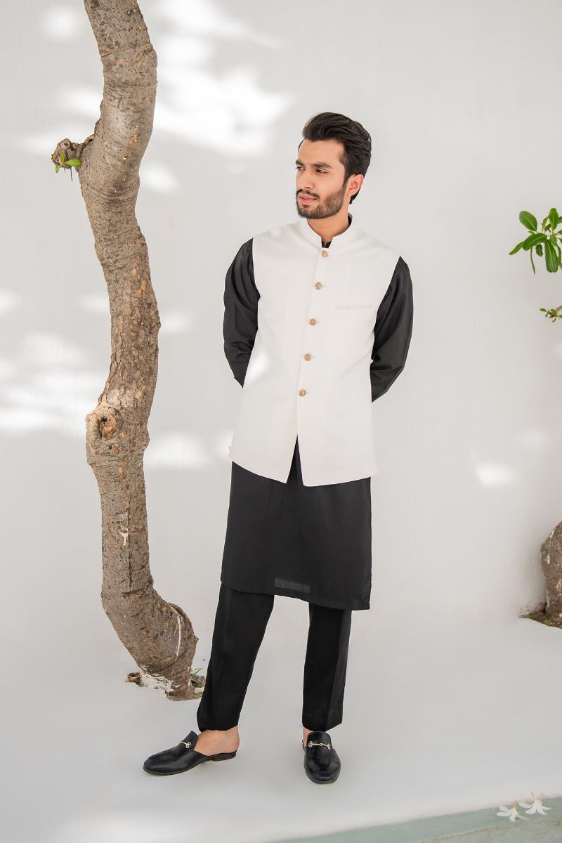 Shahjahan - Wash & Wear - Off White on Black - 3 Piece