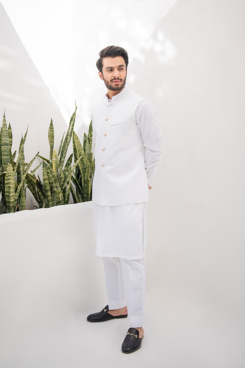 Shahjahan - Wash & Wear - Off White Kurta Trouser & Waistcoat - 3 Piece