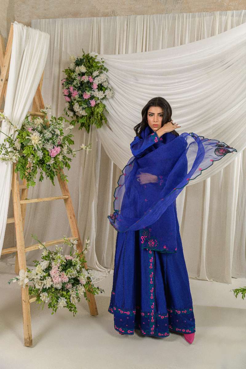 Alishba Kashif - Meherbano - Cobalt - Tusser Silk - 3 Piece
