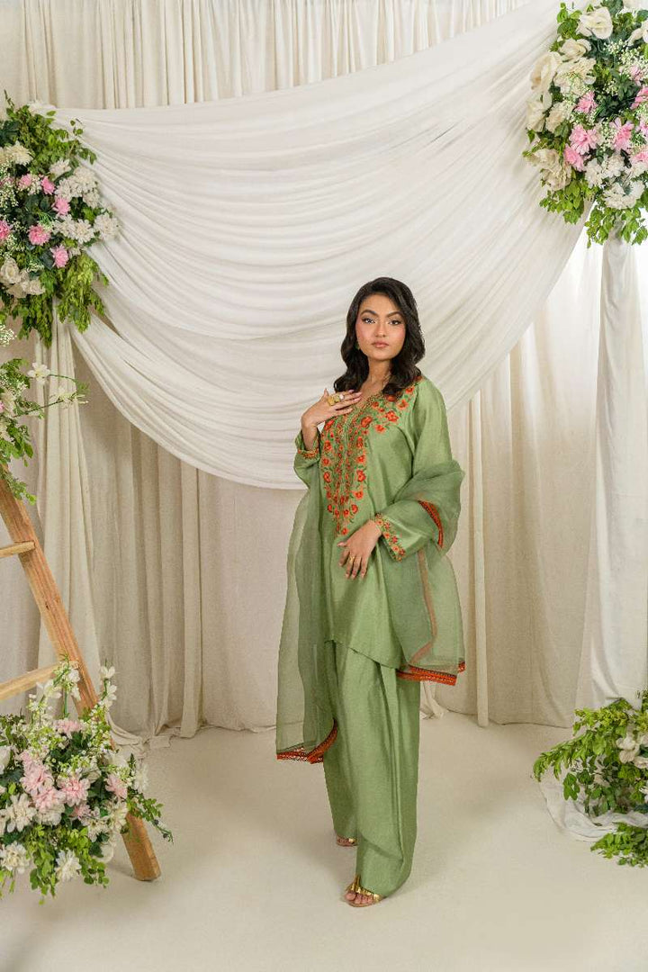 Alishba Kashif - Zaitoon - Olive Green - Tusser Silk - 3 Piece