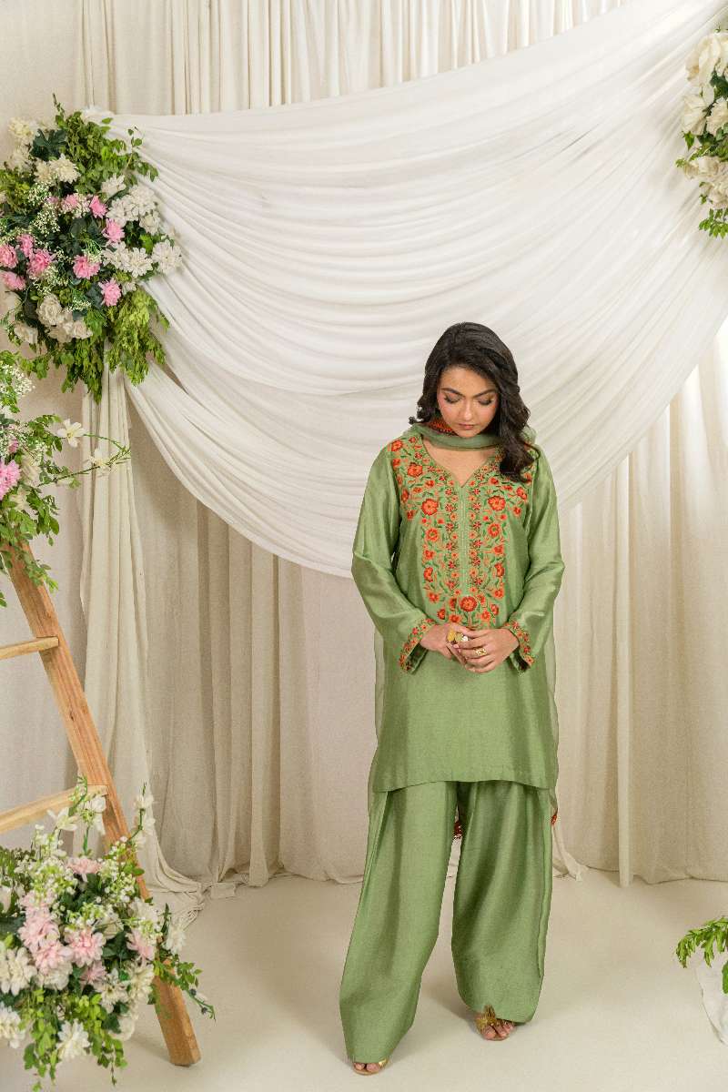 Alishba Kashif - Zaitoon - Olive Green - Tusser Silk - 3 Piece
