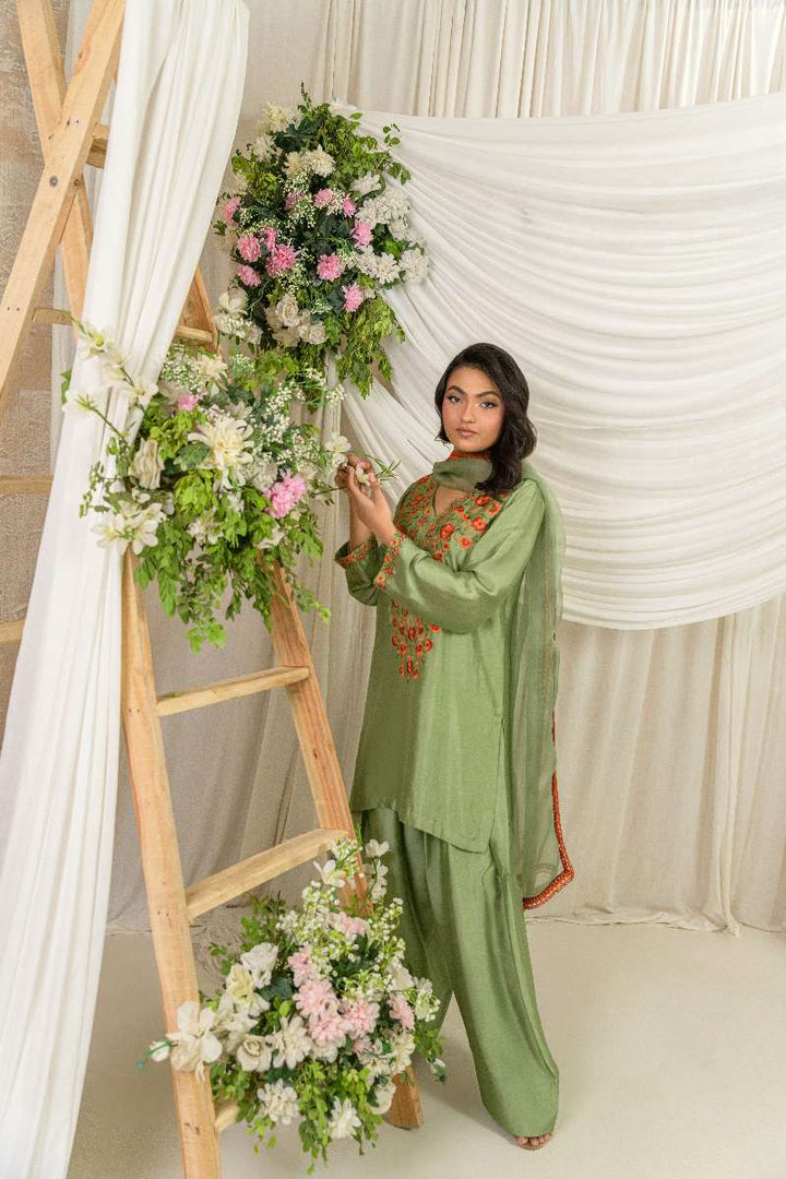 Alishba Kashif - Zaitoon - Olive Green - Tusser Silk - 3 Piece