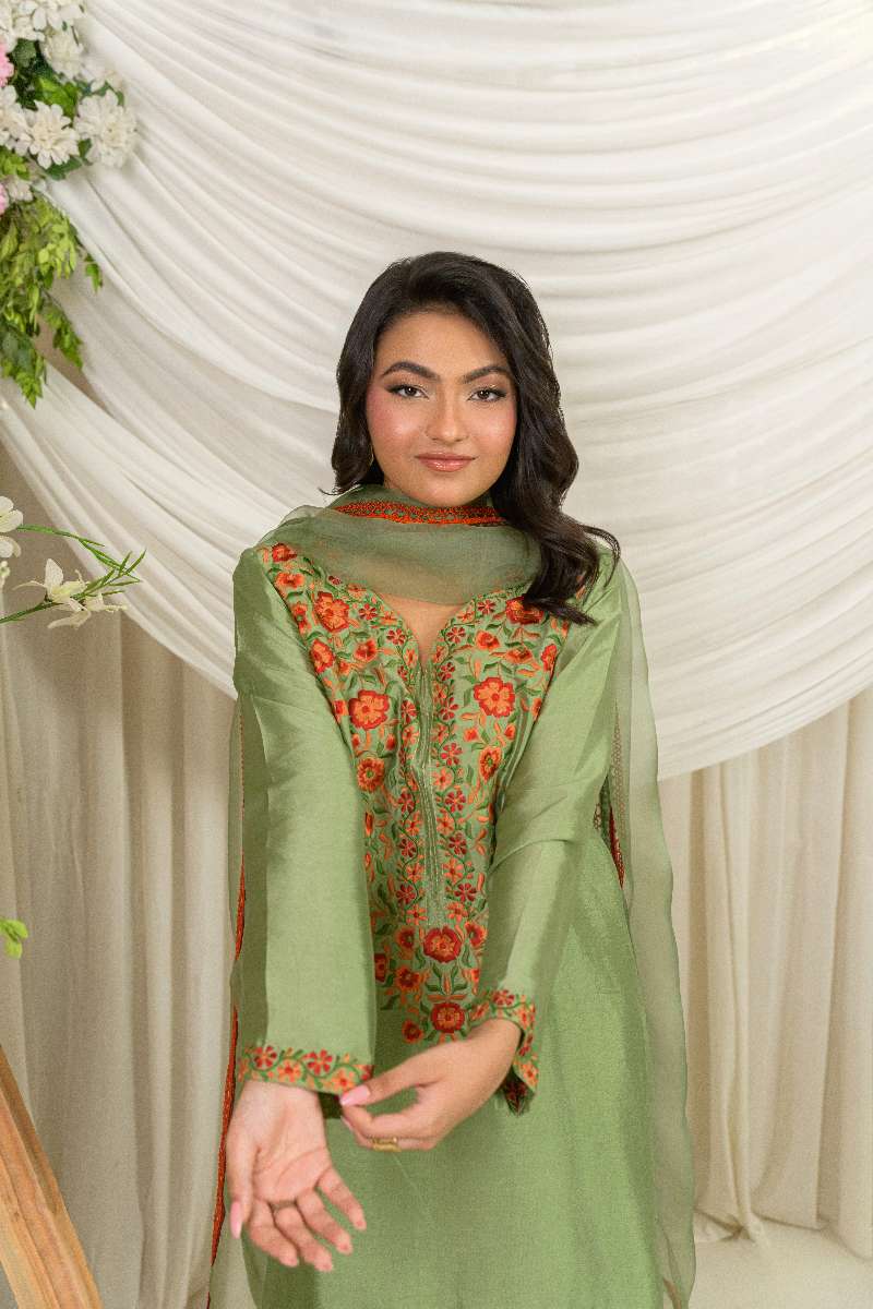 Alishba Kashif - Zaitoon - Olive Green - Tusser Silk - 3 Piece