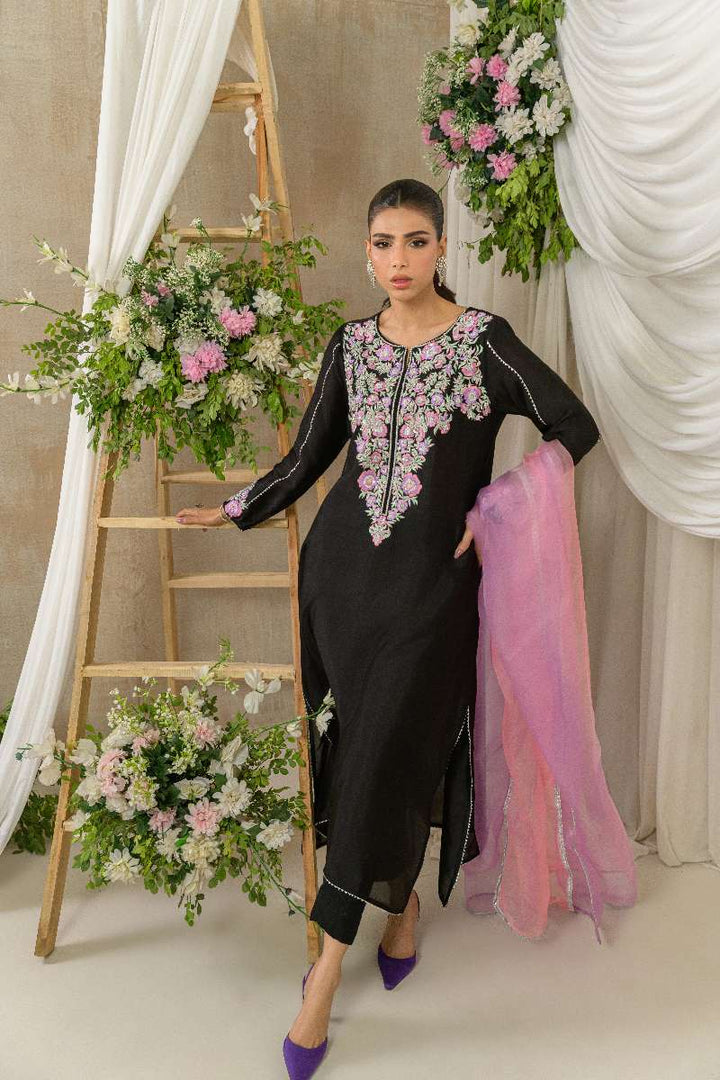 Alishba Kashif - Midnight Petals - Black - Tusser Silk - 3 Piece