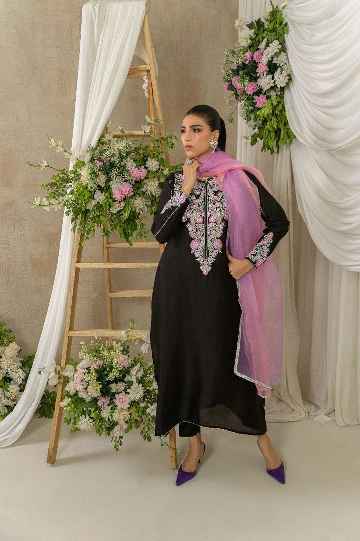 Alishba Kashif - Midnight Petals - Black - Tusser Silk - 3 Piece