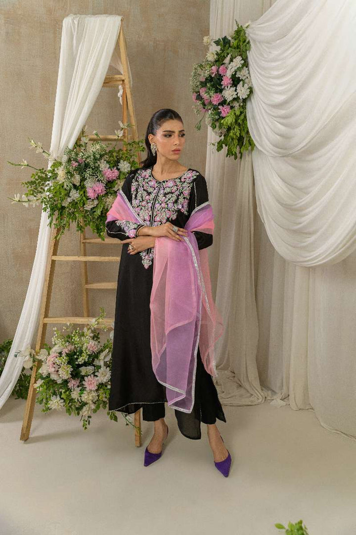 Alishba Kashif - Midnight Petals - Black - Tusser Silk - 3 Piece