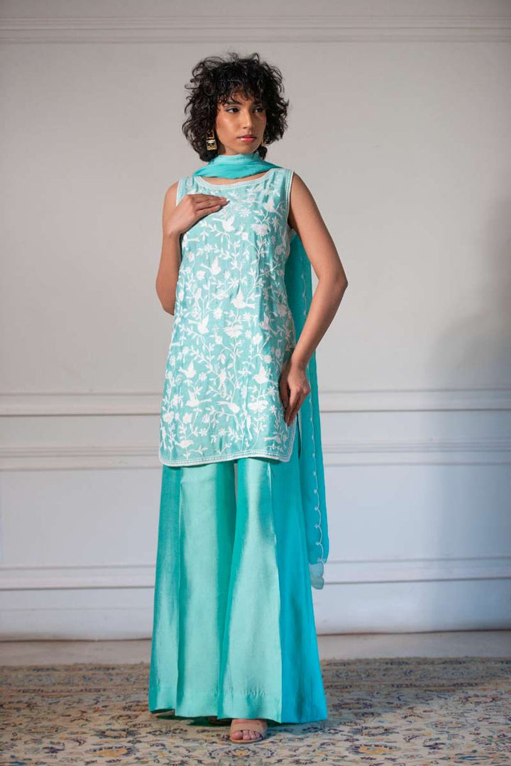 Yasmin Zaman - Butter Sheesha mat finish Suit For Women - Aqua - 3 Piece