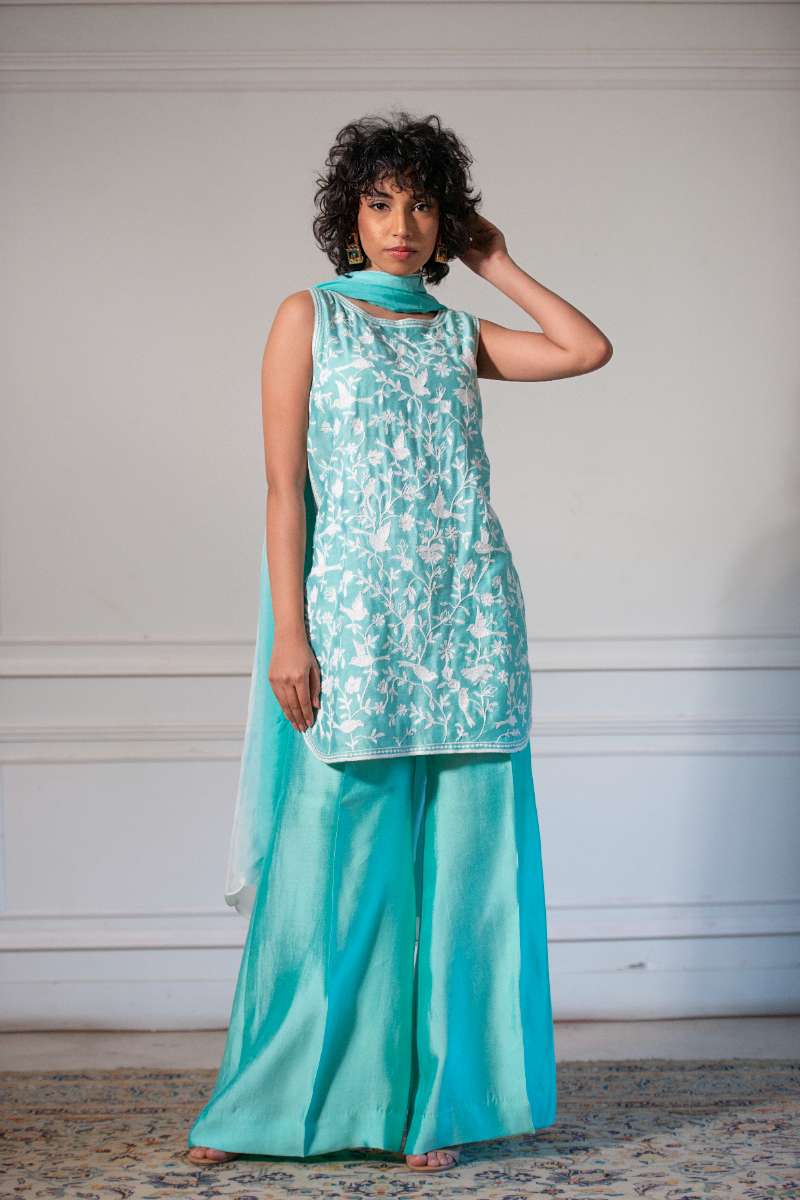 Yasmin Zaman - Butter Sheesha mat finish Suit For Women - Aqua - 3 Piece