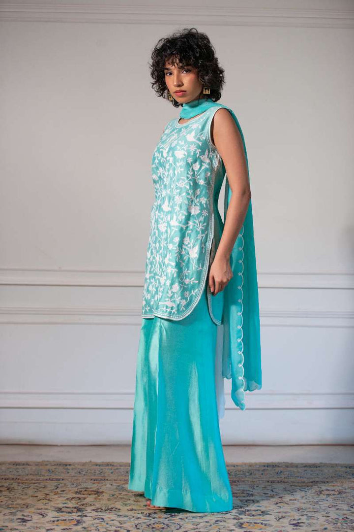 Yasmin Zaman - Butter Sheesha mat finish Suit For Women - Aqua - 3 Piece