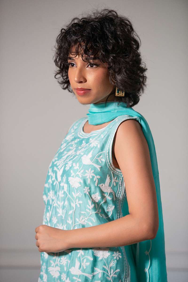 Yasmin Zaman - Butter Sheesha mat finish Suit For Women - Aqua - 3 Piece