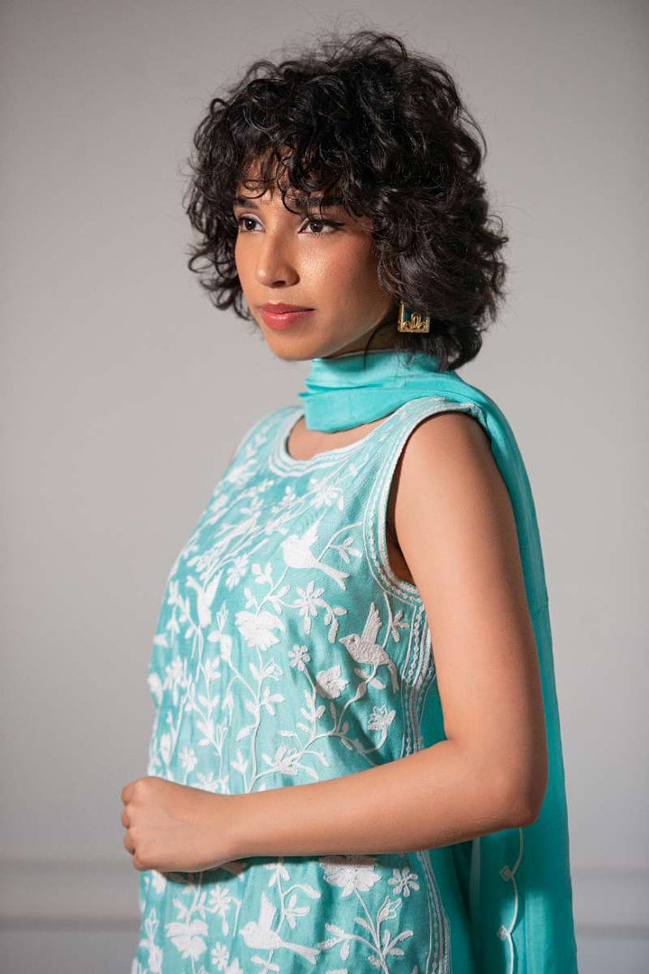 Yasmin Zaman - Butter Sheesha mat finish Suit For Women - Aqua - 3 Piece