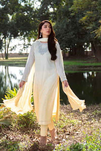 Natasha Kamal - Sequinned Mesh Net Daisy Suit For Women - Yellow - 3 Piece