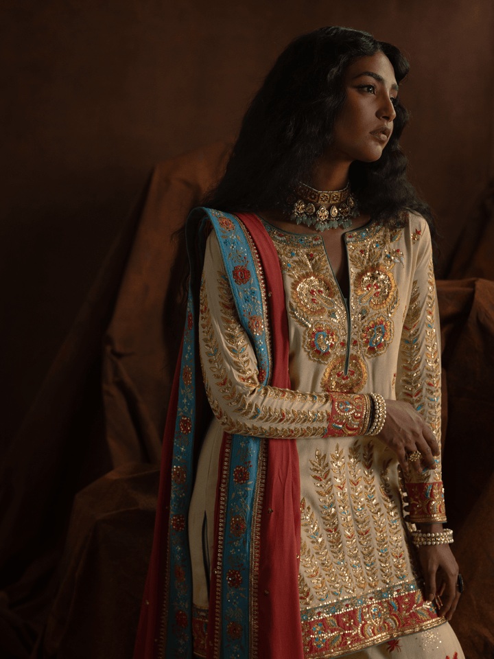 Sanam Chaudhri Roshanak Gharara Ivory / Cream 3 Piece