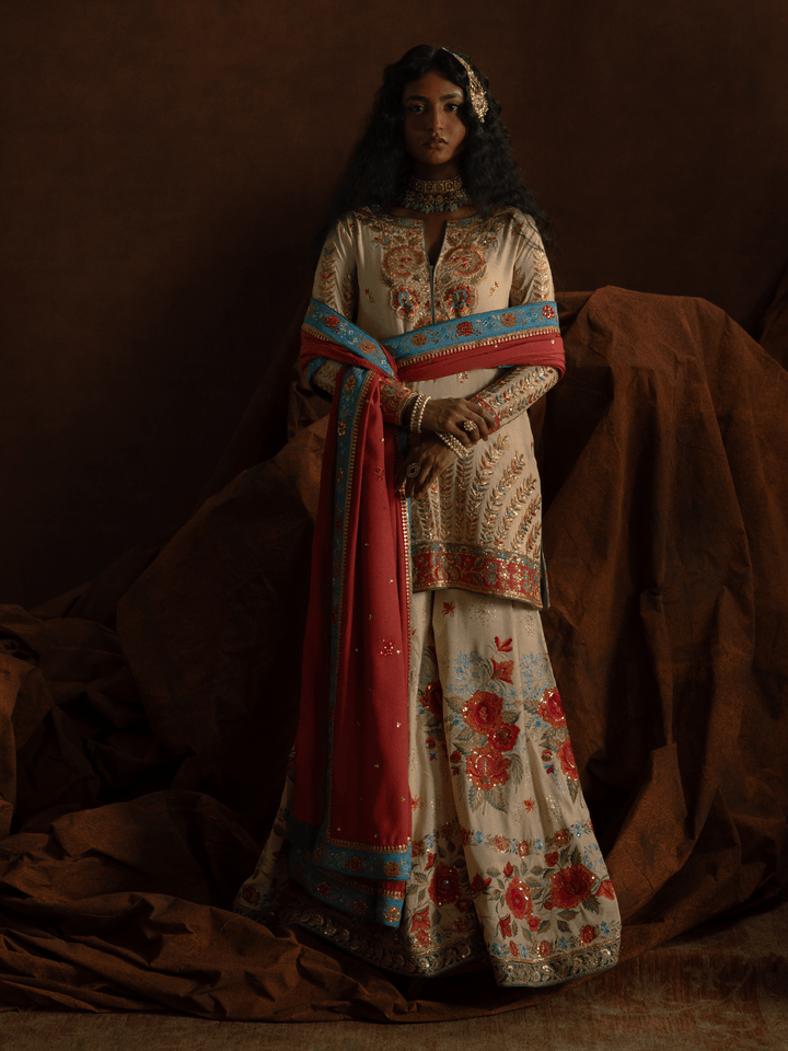 Sanam Chaudhri Roshanak Gharara Ivory / Cream 3 Piece