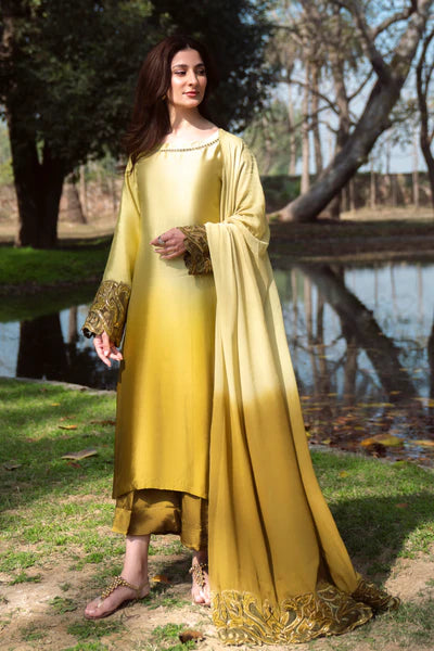 Natasha Kamal - Silk Dame Suit For Women - Mustard - 3 Piece