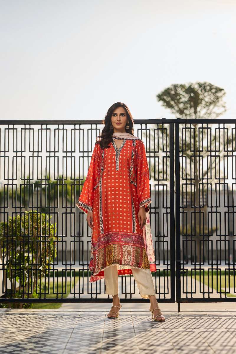 Deepak Perwani - Blossom Silk Suit For Women - Orange - 3 Piece